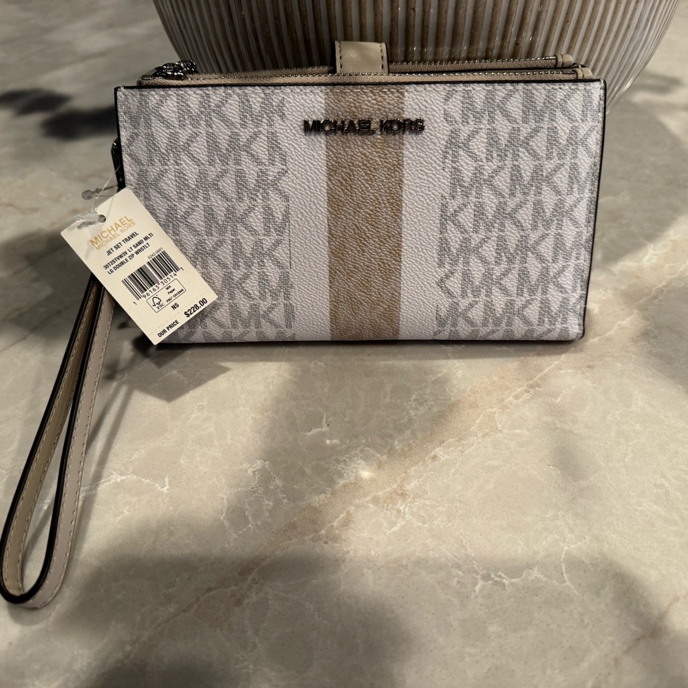 Michael Kors Tan and White Monogram Wristlet
